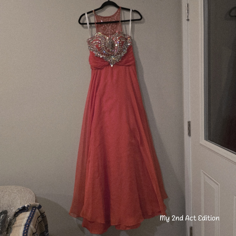 Rachel Allan Princess Red Beaded Illusion High Neck Gown Prom Dress Size 8
